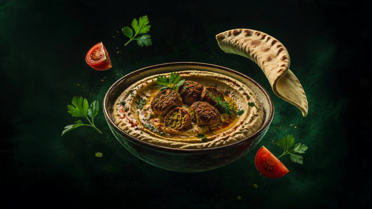 Hummus, falafel and fresh ingredients suspended in an emerald food universe